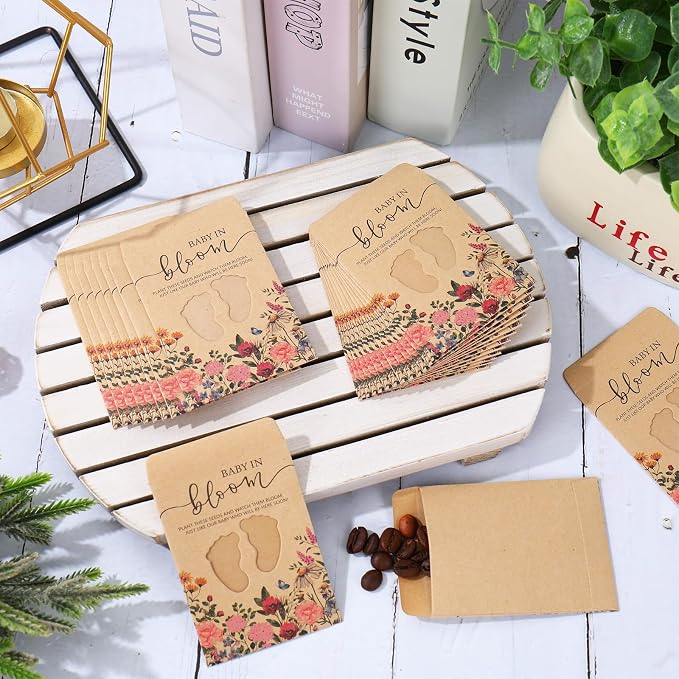 JarThenaAMCS 50Pcs Wildflower Baby Shower Seed Packets Self Adhesive Kraft Envelope with Footprint Window Vintage Floral Baby in Bloom Seed Storage Pockets for Gender Reveal Birthday（No Seeds）