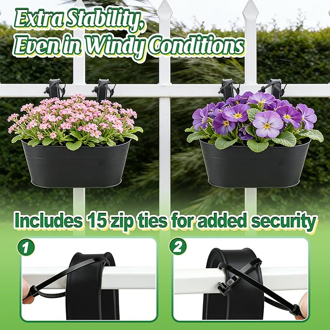 MADHOLLY Railing Planter with Drainage Holes - Sturdy Bucket Pots for Railing Fence, Countryside Style Metal Flower Pots for Herbs Balcony Garden Yard Decor, 2Pcs, Black