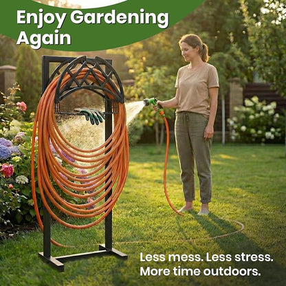 Oriva Garden Hose Holder Stand, Freestanding Water Hose Holder for Outside, Heavy Duty Rust-Resistant Metal Hose Hanger w/ 4-Spike Base, Holds upto 160ft, Outdoor Hose Storage for Yard, Lawn & Garden