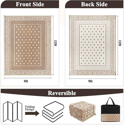 Pauwer Waterproof Outdoor Rug 9x12, Reversible Plastic Straw Patio Camping Rug, Indoor Outdoor RV Mat Carpet for Deck, Camper, Porch, Balcony, Backyard, Picnic, Bordered Beige