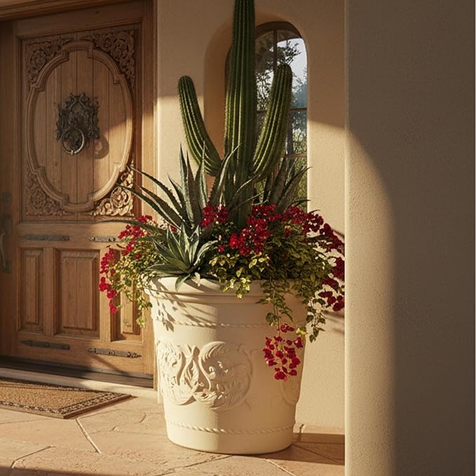 Sunnydaze 19.5-Inch Arabella Large Plastic Pot for Plants - Outdoor Double-Walled Polyresin Large Plastic Planter with Drillable Drainage Holes - Antique White - 4-Pack