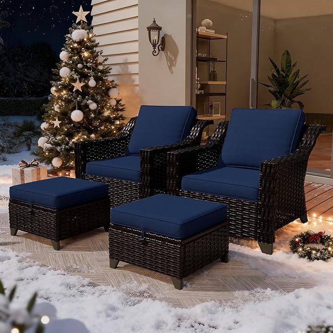 VistaVibe 4 Pieces Outdoor Patio Conversation Furniture Set - 2 Luxurious Armchairs | 2 Wicker Ottomans, Removable Cushions, Hand-Woven PE Rattan, Office, Porch (Brown/Navy)