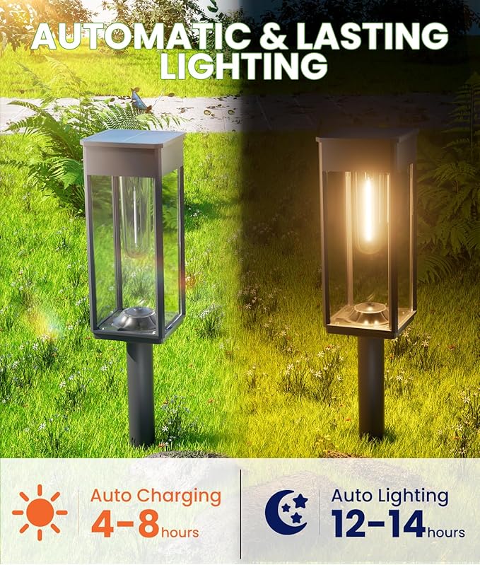 BITPOTT Solar Lights Outdoor, Bright Solar Pathway Lights Waterproof IP65, 4 Pack Warm Color Solar Path Lights for Yard, Landscape, Lawn, Patio, Walkway, Driveway, Garden Decoration
