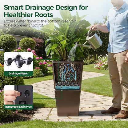 T4U Tall Planter for Outdoor Plants, 24.8 Inch Outdoor Planters for Porch Set of 2, Large Planter for Indoor & Outdoor Plants with Wheels Drainage Plug, Front Porch, Patio, for Home Decor (Dark Brown)