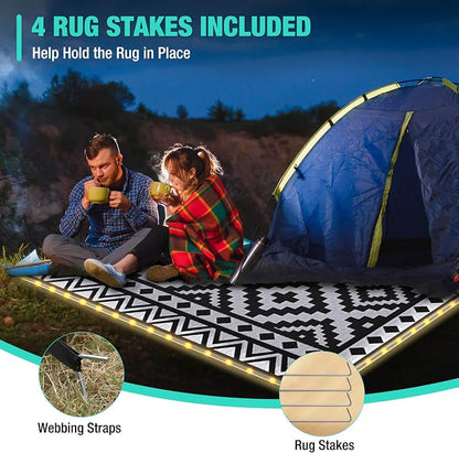 HAUSHOF 5'X8' Outdoor Rug Waterproof with LED Strip Light, Reversible Outdoor Plastic Straw Rug, Patio Rug with 4 Rug Stakes, Outdoor Carpet Mat for RV, Camping, Beach, Porch, Balcony, Black&White