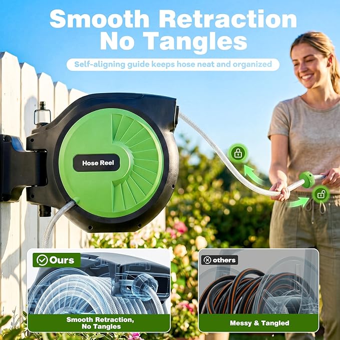 Retractable Garden Hose Reel 100FT x 1/2 in, Wall Mount Water Hose Reel for Outside with Auto Rewind, Tangle-Free Guide, 180° Swivel Bracket, Lock at Any Length, High-Pressure Flow, 10-Pattern Nozzle