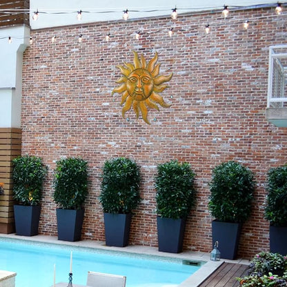 Sun Metal Wall Art, 3D Sun Face Large Wall Art for Living Room, Retro Gold Wall Hanging Decor, Brass Wall Sculptures with Blue Bead, 27 Inches Wall Decor for Garden Yard Patio Home