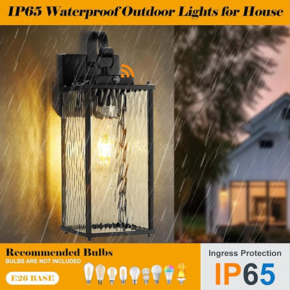 2-Pack Dusk to Dawn Outdoor Lighting with Water Ripple Glass, IP65 Waterproof Matte Black Front Porch Lights Photocell Sensor Exterior Light Fixtures Outdoor Wall Sconces Coach Lights