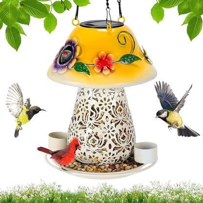 Mushroom Solar Bird Feeders for Outdoors Hanging Metal Wild Bird Feeder with S Hook for Garden Decoration Yellow