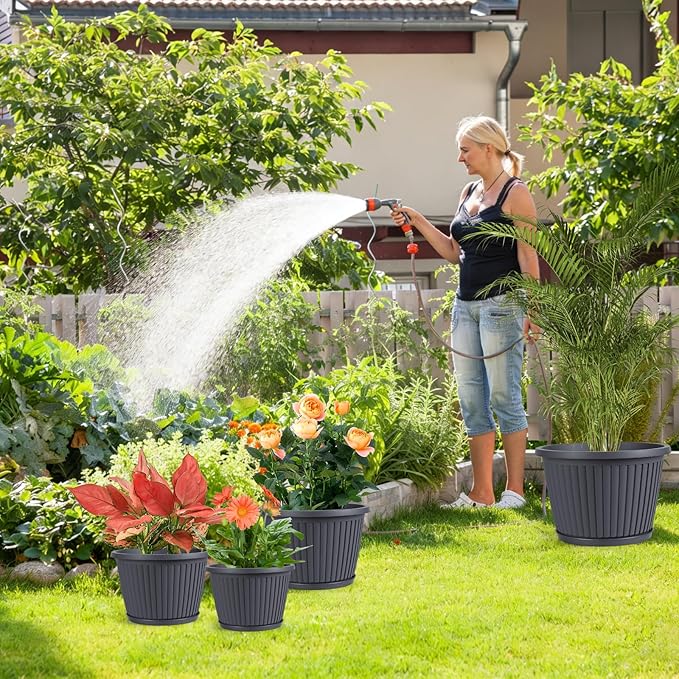 12-inch-Planters-for-Outdoor-Plant，Plastic Indoor Flower Pots with Drainage Holes & Saucer, 4 Packs Decorative Garden Pots for Plantfor Home Porch Decor