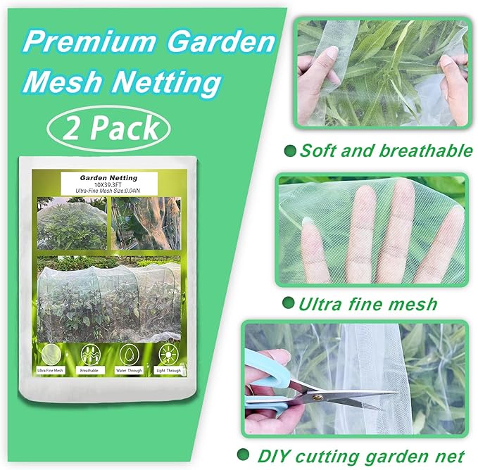 Garden Netting, 2 Pack 10X39.3FT Ultra Fine Insect Netting for Vegetable Flowers Fruits, Garden Mesh Plant Cover Row Cover Barrier Protection Net for Birds, Garden Netting for Raised Beds
