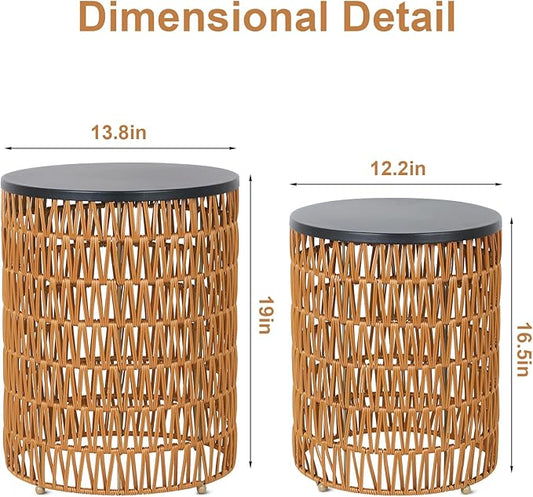 HMVPL Outdoor Side End Table with Dimmable Light Remote Control,2-Pack Small Round Patio Table with Timing Light,Outside Plastic Rattan Accent Bistro Desk for Poolside Backyard Balcony Gazebo Indoor