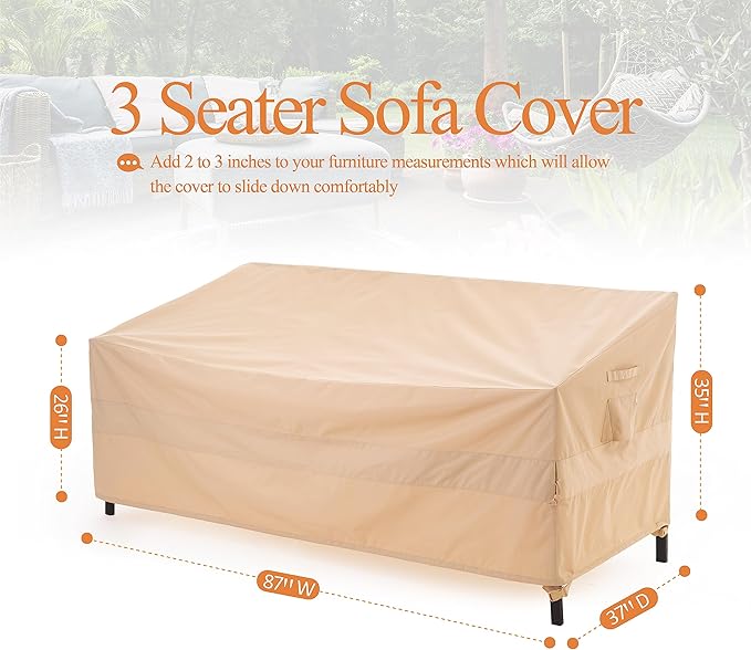 WJ-X3 3-Seater Outdoor Sofa Cover, Heavy Duty Patio Sofa Cover, Outdoor Couch Cover Waterproof, High Wind Resistant Design for Patio Couch Cover, 87W x 37D x 35H, Beige