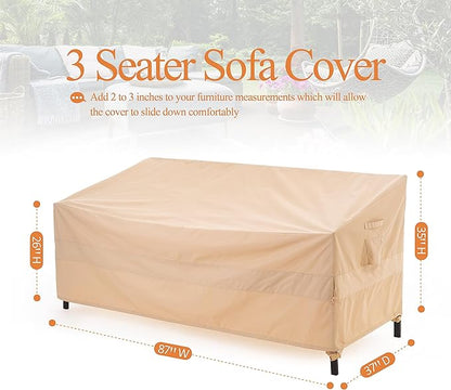 WJ-X3 3-Seater Outdoor Sofa Cover, Heavy Duty Patio Sofa Cover, Outdoor Couch Cover Waterproof, High Wind Resistant Design for Patio Couch Cover, 87W x 37D x 35H, Beige