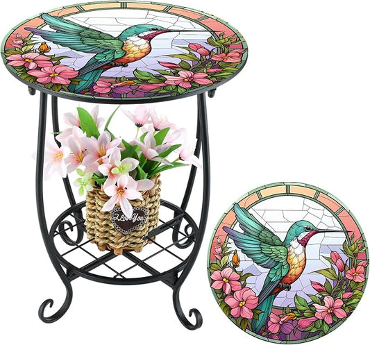 Cinnvoice Outdoor Side Table Round Small Mosaic Patio Accent Indoor End Plant Coffee Tea Table for Yard Patio Porch Garden Living Room, Bedroom(Hummingbird Style,12 Inch)