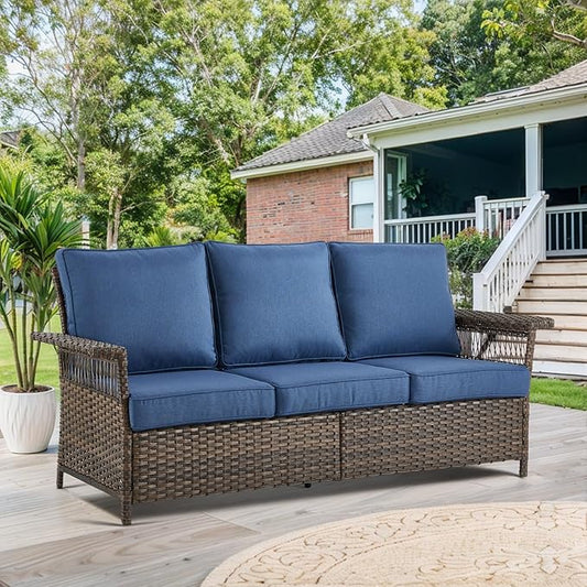 Patio Furniture Set Wicker Swivel Glider Chairs PE Rattan Sofa Ottomans with Blue Cushions Patio Coffee Table and Side Table Brown Wicker Patio Conversation Set 7pcs for Patio