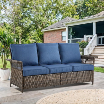 Patio Furniture Set with Fire Pit Table, 4PCS Patio Conversation Set Brown Resin Wicker Patio Chair and Sofa with 43in Rectangular Iron Firepit Table PE Rattan Patio Furniture Set