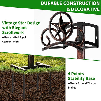 Garden Hose Holder Stand, Decorative Vintage Rustic Hose Rack with Star Design, Heavy Duty 41" Tall Metal Hose Storage for Yard/Lawn/Farm, Freestanding Hose Holder Holds up to 160Ft Hose
