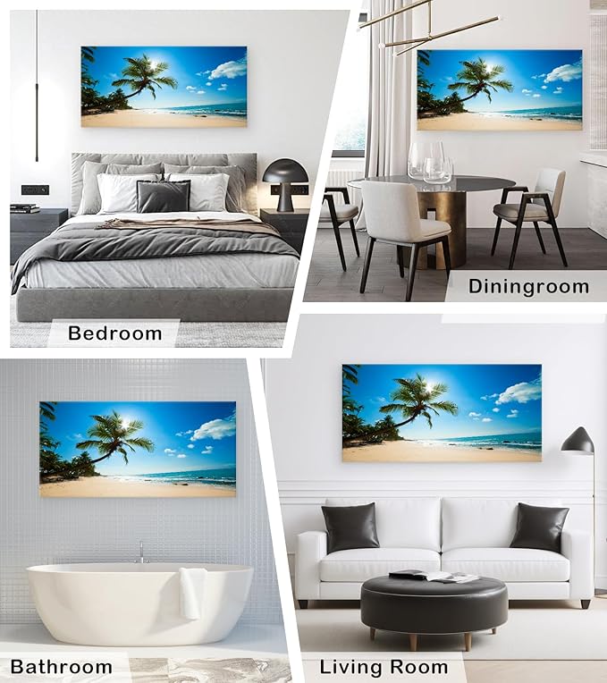Muolunna ARX0698 Large Canvas Wall Art Summer Ocean Waves Prints Coconut Trees Beach Seascape Painting Hawaii Sea Nature Pictures Stretched and Framed for Living Room Home Office Wall Decor