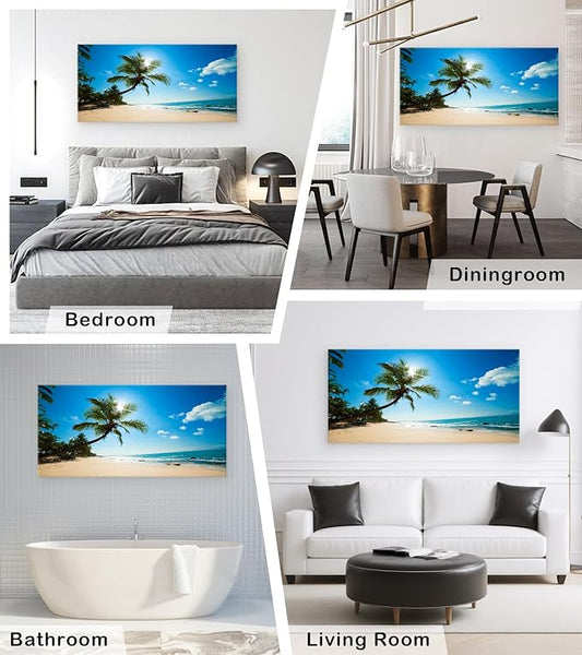 Muolunna ARX0698 Large Canvas Wall Art Summer Ocean Waves Prints Coconut Trees Beach Seascape Painting Hawaii Sea Nature Pictures Stretched and Framed for Living Room Home Office Wall Decor
