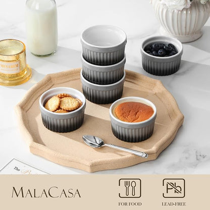 MALACASA Ramekins 4 oz Oven Safe, Small Ceramic Souffle Dishes for Creme Brulee Souffle, Stoneware Custard Cups Ramiken for Baking, Baking Bowls Dipping Sauce Dish Set of 6, Grey, Series RAMEKIN-DISH