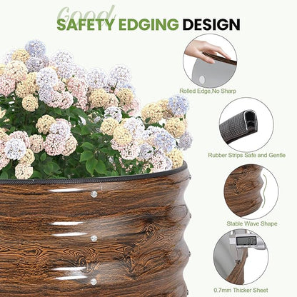G GOOD GAIN Round Raised Garden Bed - 2Pcs 2x2x1.3ft Galvanized Steel Planter Boxes Outdoor with Rubber Edge Trim | Metal Raised Beds for Gardening Vegetables Flowers Fruits Herbs (Wood Grain)