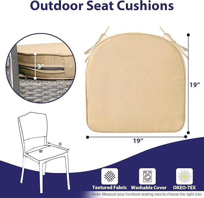 Outdoor Chair Cushions Set of 4 -Waterproof Outdoor Seat Cushions for Patio Furniture, Patio Chair Cushion with Handle and Ties, Round Out Door Chair Pads,19" x 19" x 3", Beige