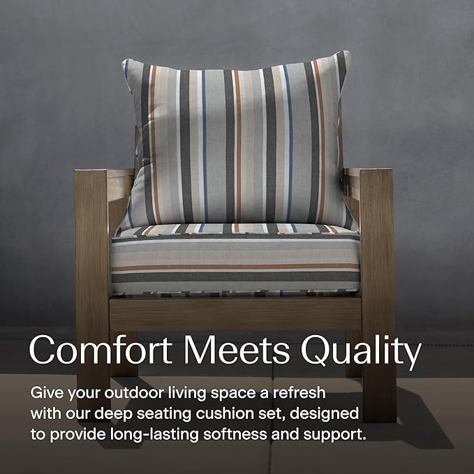 Honeycomb Outdoor Heritage Deep Seat, 24 x 23, Stripe Stone Beige Chair Cushion for Patio Furniture