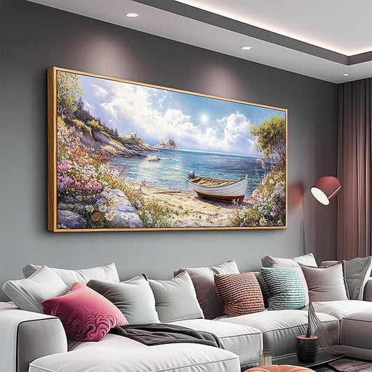 Wood Farmed Large Wall Decor For Living Room Canvas Wall Art For Office Modern Wall Decorations For Bedroom The Sea Boat Landscape Painting Farmhouse Pictures Artwork Room Home Decor 24x48 In