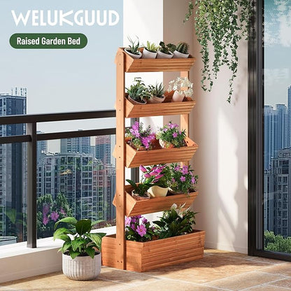 Vertical Wooden Raised Garden Bed, Garden Planters Freestanding Wood Plant Stand Flower Rack Wooden Planter Box for Plants Herbs Flowers Vegetables Outdoor Indoor Gardening (5-Tier Brown)