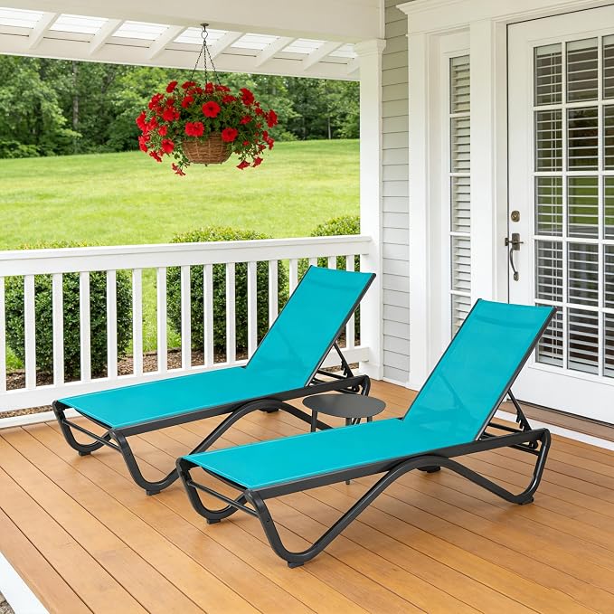 Kozyard Outdoor Chaise Lounge Chair, All Aluminum Frame, Fully Flat Adjustable Reclining Patio Lounger for Poolside, Sunbathing & Backyard, Textilene (Aqua, 2Chairs + Table)