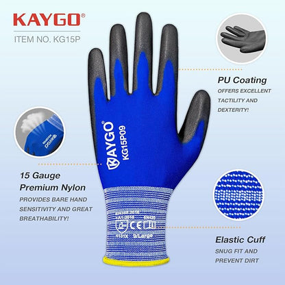 KAYGO Work Gloves PU Coated-12 Pairs, KG15P,Nylon Lite Polyurethane Safety Work Gloves, Gray Polyurethane Coated, Knit Wrist Cuff,Ideal for Light Duty Work (Medium, Blue)