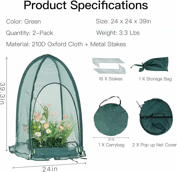 Pop up Gardening Net Cover,29.5x29.5x39.4 inches Pack of 2,Pest Guard Cover for Vegetables Fruits Durable Plant Gardening Net, Pop-Up Chicken Pen for Small Animals Outdoor Run and Pet Enclosure