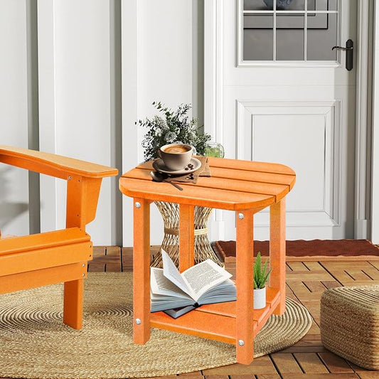 LZRS 2-Tier Patio Side Table, Heavy Duty HDPE Outdoor End Table with Wood Texture, Weatherproof Composite Table for Adirondack Chairs, Deck, Pool, Indoor/Outdoor, No Peeling Cracking(Orange)