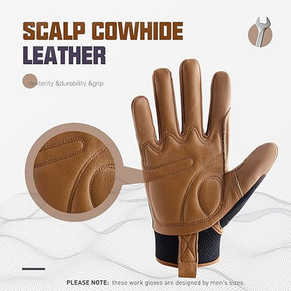 HANDLANDY Leather Work Gloves Mens & Women, Utility Safety Mechanic Working Gloves Touch Screen, Flexible Breathable Yard Work Gloves (X-Large, Brown-Cowhide Palm, Pack of 3)