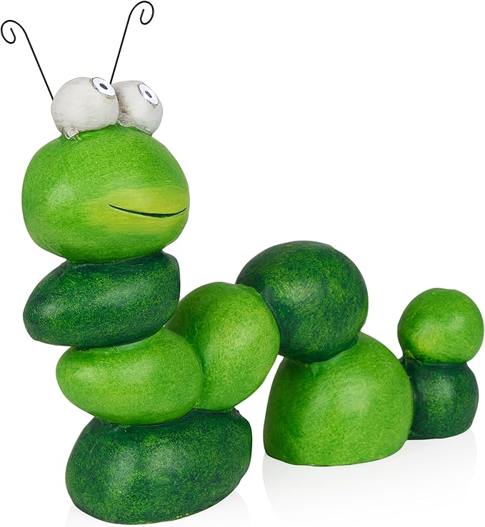 Alpine Corporation YEN608SLR 16" Tall Caterpillar with Light Up Eyes, Solar Powered LED Garden Statue, Green