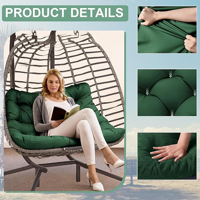 Outdoor Swing Cushions 3 Seater Waterproof, Replacement Bench Cushions for Outdoor Patio Furniture with Backrest, Porch Swing Cushion with Ties for Lawn and Garden (Dark Green, 40x60in)