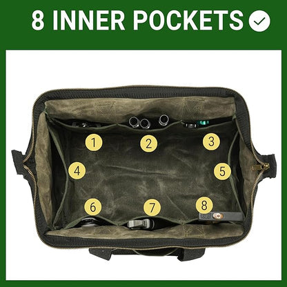15 Inch Tool Bag, Heavy Duty Wide Mouth Water-Resistant Tool Bag, Tool Tote with Handle for Tools, Wrenches, Screwdrivers (15 X 7.8 X 11.5 inch) | ArmyGreen