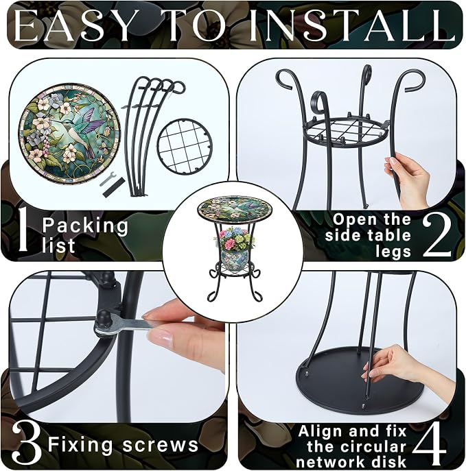 Cinnvoice Outdoor Side Table 2-Tier Round Small Mosaic Patio Accent Indoor End Plant Coffee Tea Table for Yard Patio Porch Garden Living Room, Bedroom(Hummingbird Style,14 Inch)