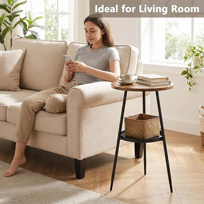 Side Table 2-Tier Round End Table Indoor Small Side Table Industrial Accent Table Nightstand for Small Spaces, Living Room, Bedroom.