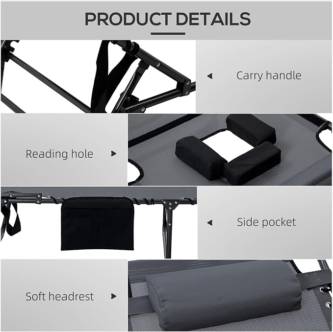 Outsunny 2 Piece Folding Chaise Lounge with 5-Level Reclining Back, Tanning Chair with Face Hole, Outdoor Lounge Chair with Side Pocket & Headrest for Beach, Yard, Patio, Gray