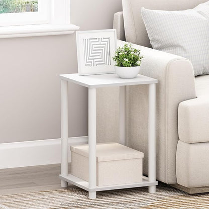 Furinno Turn-N-Tube Side Table, 2-Tier Modern Square End Table with Open Shelf, Toolless Night Stand, Bedside Table, for Living Room, Bedroom, White