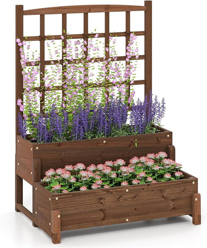 Giantex Raised Garden Bed with Legs and Trellis, 2-Tier Standing Planter Box with Drain Holes, Outdoor Elevated Garden Trellis for Vine Climbing, Flower Vegetable Fruit Herb Growing, Rustic Brown