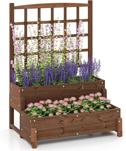 Giantex Raised Garden Bed with Legs and Trellis, 2-Tier Standing Planter Box with Drain Holes, Outdoor Elevated Garden Trellis for Vine Climbing, Flower Vegetable Fruit Herb Growing, Rustic Brown