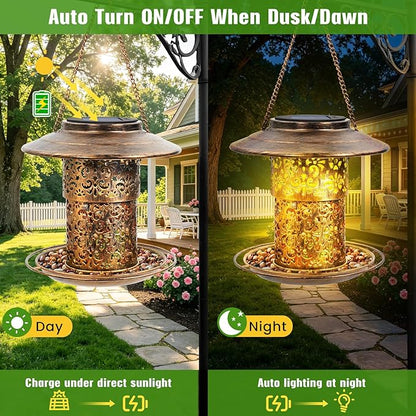 DY-SKTY Metal Bird Feeder for Outdoor Hanging, Large Capacity Solar light Wild Bird Feeder with Drainage Holes,Landing Ring, Solar Lanterns for Garden Decoration, Unique Bird Watching Gift for Outside