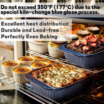 Artena Casserole Dishes For Oven, Ceramic Baking Dish, Large Lasagna Pan With Handles, Baking Pan Casserole Dish, Rectangular Bakeware Deep, Set Of 3 (5.1Qt/2.3Qt/1.1Qt) (Blue, With Lids)
