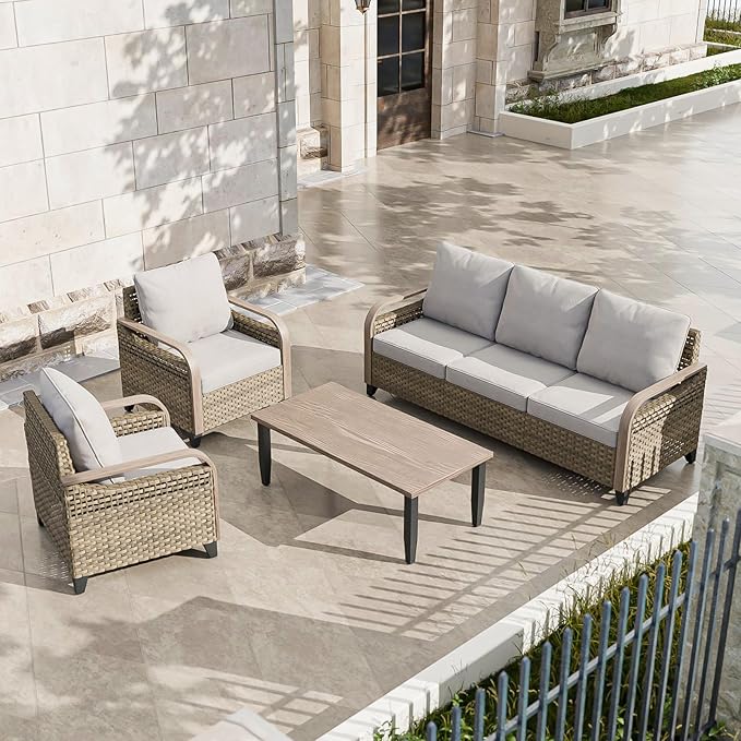 COOS BAY Modern Wicker Outdoor Furniture Set, Patio Conversation Set with Patio Chairs, 3 Seat Couch, and Side Table, 4 Piece, Brown/Gray
