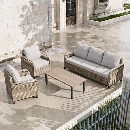 COOS BAY Modern Wicker Outdoor Furniture Set, Patio Conversation Set with Patio Chairs, 3 Seat Couch, and Side Table, 4 Piece, Brown/Gray