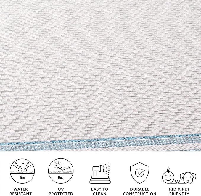 SAFAVIEH Washable Rug Outdoor Courtyard Collection - 5'3" Square, Ivory & Aqua Blue, Non-Shedding & Easy Cleaning, Ideal for Patio, Backyard, Mudroom (CY8475-53612)