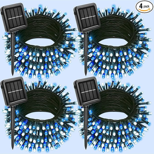 4 Pack Solar Christmas Lights Outdoor Waterproof, 132FT 400LED Solar String Lights Green Wire Fairy Lights, Solar Twinkle Lights with 8 Lighting Modes for Xmas Garden Decorations (Blue&White)